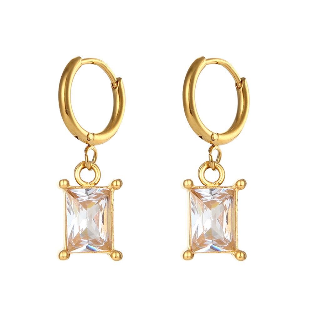 Fashionable Water-Drop-Shaped Stainless Steel Stud Earrings with Rhinestone Inlay for Women Geometric Design