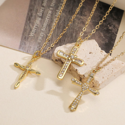 Vintage Minimalist Gold Plated Brass Cubic Zirconia Cross Pendant Necklace for Women