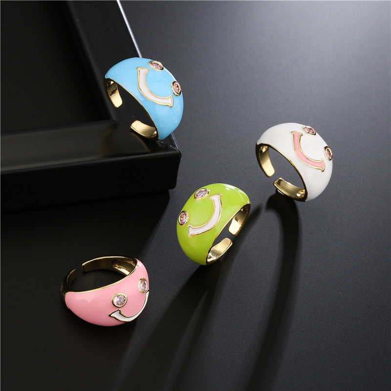 Cute Smiley Face Geometric Drip Oil Brass Ring for Women Adjustable Open Design