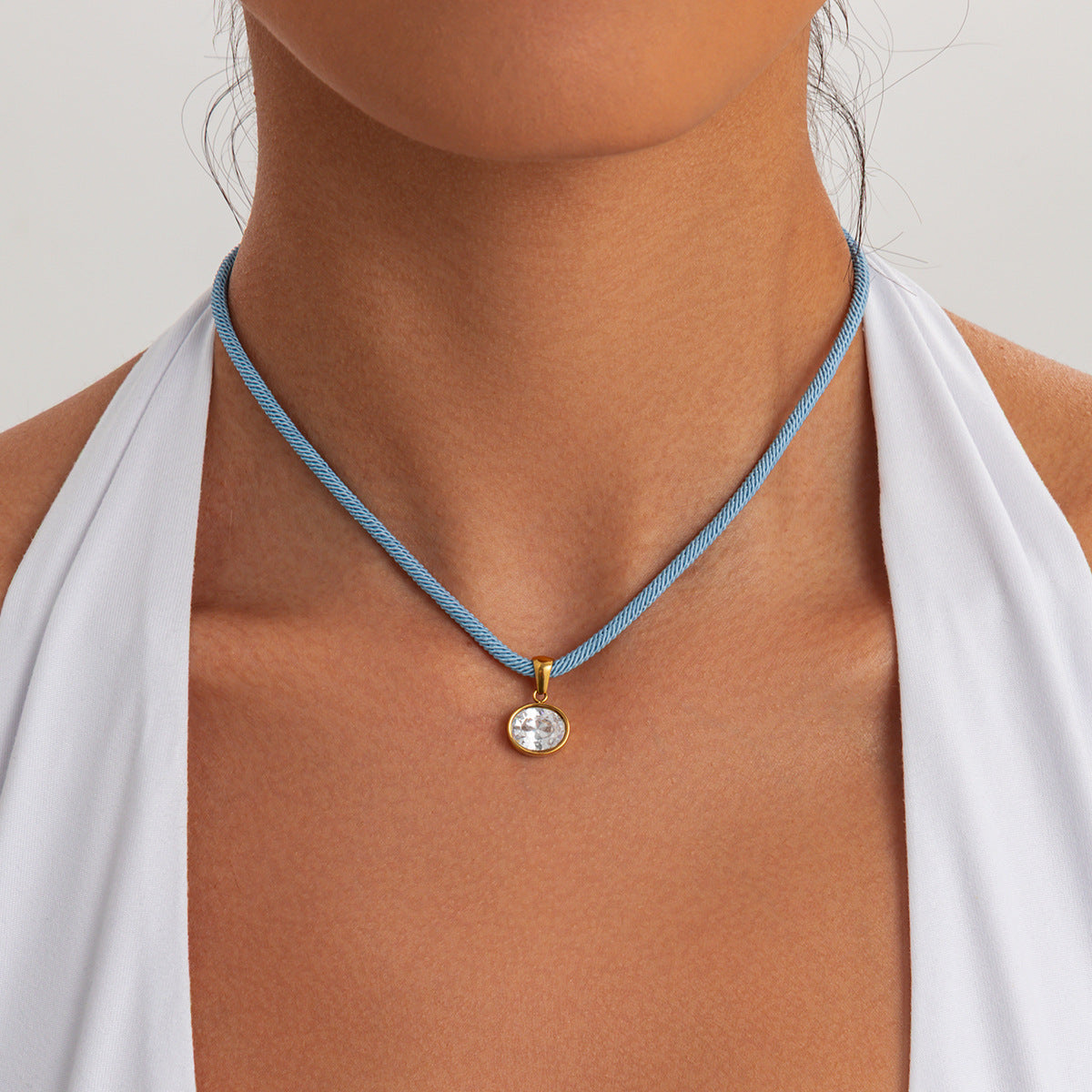 Luxury Elegant Geometric Oval Cubic Zirconia Inlay PVD Stainless Steel Necklace for Women