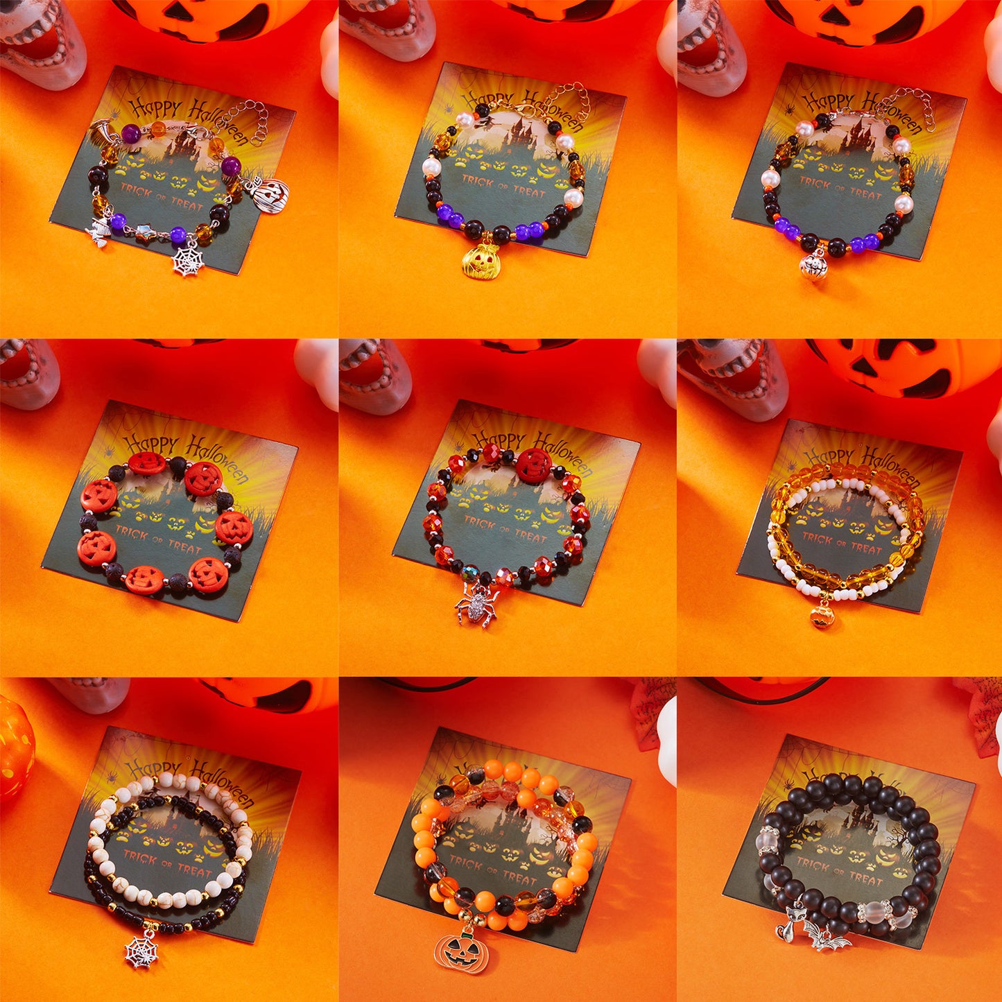 Pulsera con abalorios de araña y calabaza de Halloween gótica oscura para mujer, diseño geométrico de aleación, joyería hecha a mano