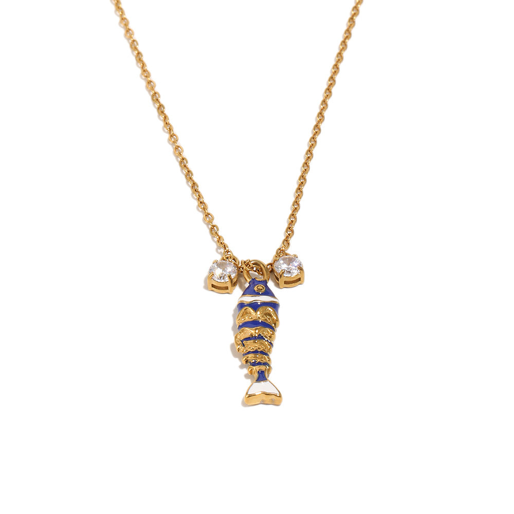 Elegant 18K Gold Plated Stainless Steel Drip Oil Animal Pendant Necklace with Cubic Zirconia for Women