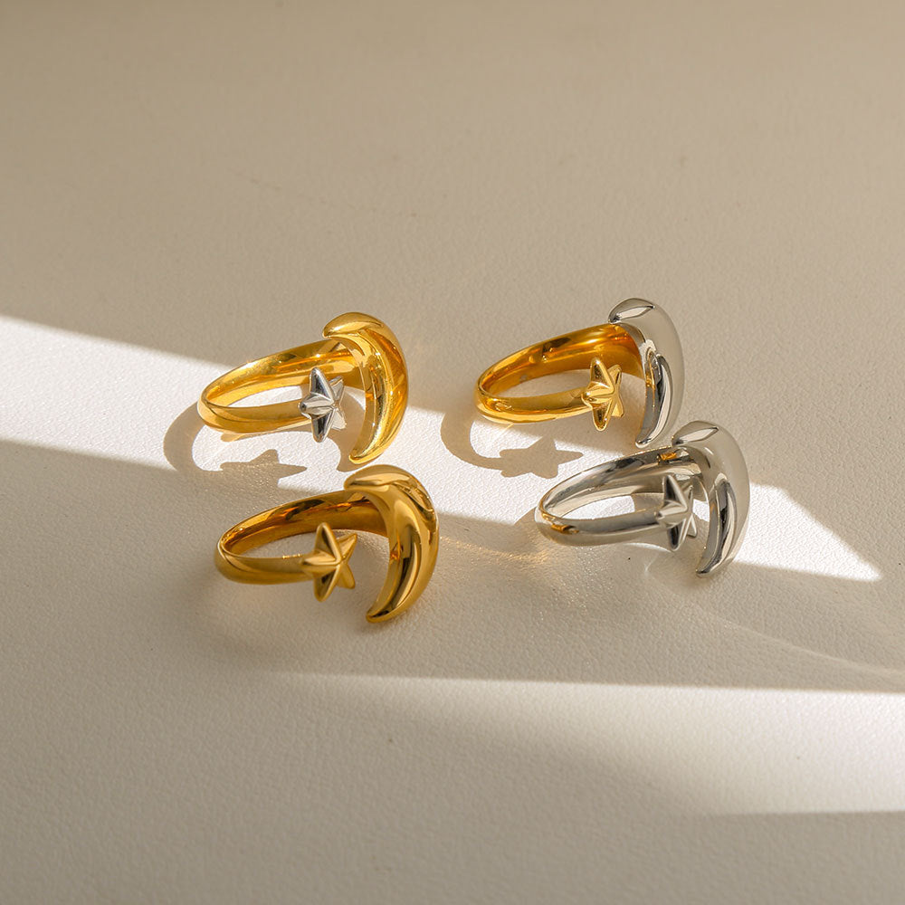 Anillo Abierto Ajustable Minimalista de Acero Inoxidable con Forma de Estrella y Luna con Baño de Oro para Mujeres y Hombres