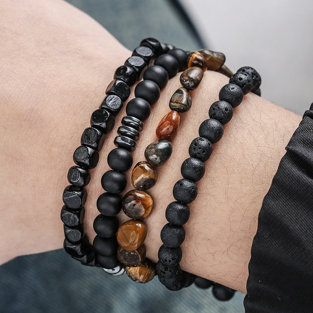 Handmade Natural Semi-Precious Stone Beaded Bracelet with Volcanic Rock and Wood Beads for Men Unisex Summer Vacation Jewelry