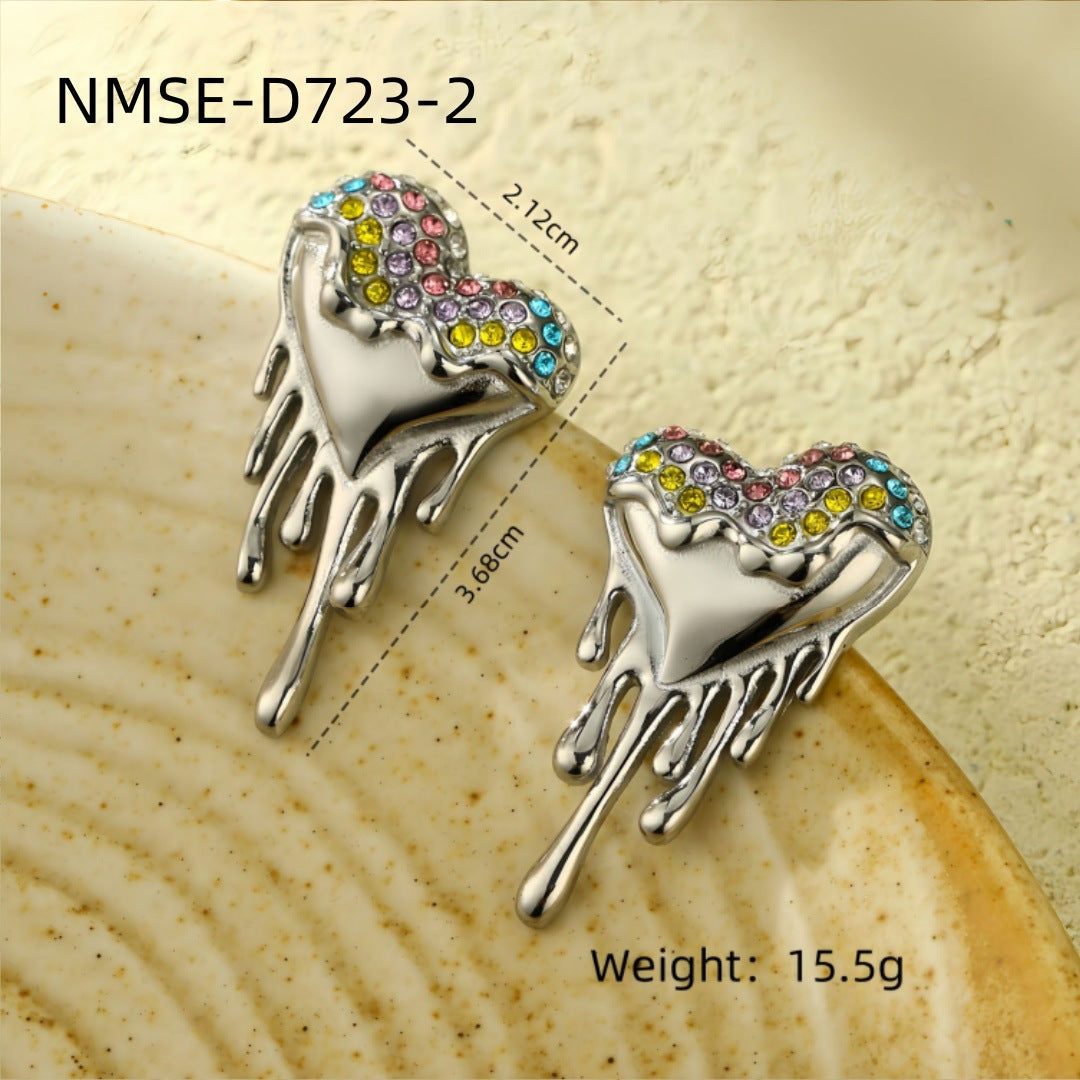 Luxury Style Heart and Teardrop Shaped Titanium Steel Earrings with Rhinestone Inlay and Plated Finish