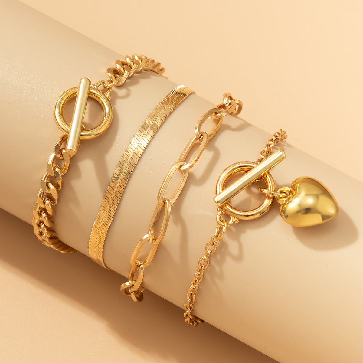 Bracciale a maglie Snake in Lega a Forma di Cuore Geometrico Punk con Finitura Placcata per Donna