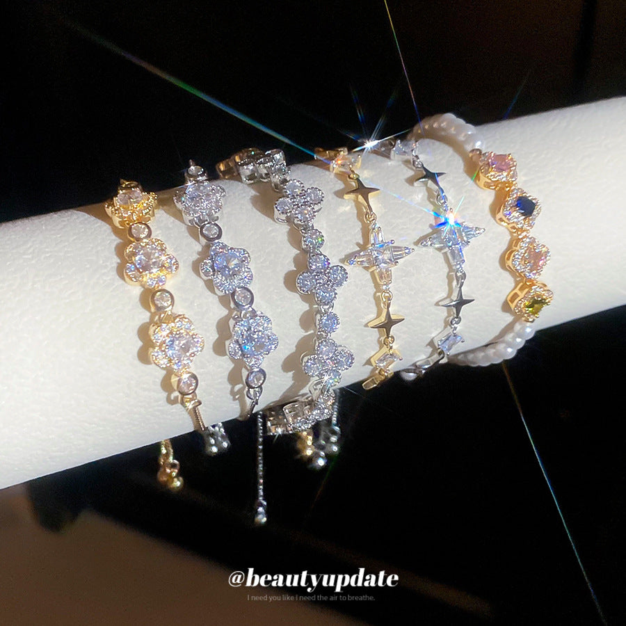 Bracciale in Rame con Zirconi a Forma di Fiore e Stella, Lussuoso, da Donna, dallo Stile Elegante per Ogni Giorno