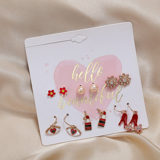 Sweet French Style Heart Geometric Alloy Rhinestone Inlay Earring Set for Women