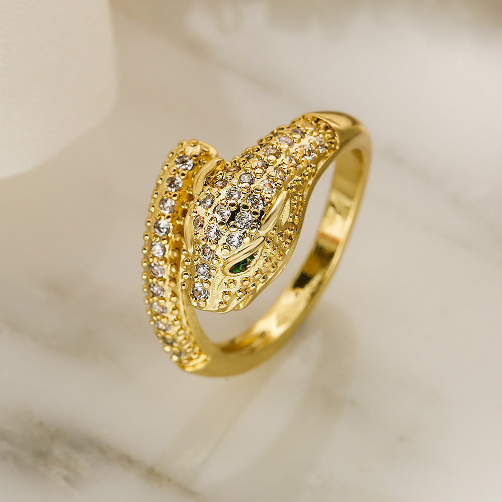 Hip Hop Style Leopard-Shaped Geometric Ring for Women in Brass with 18K Gold Plating and Zircon Inlay