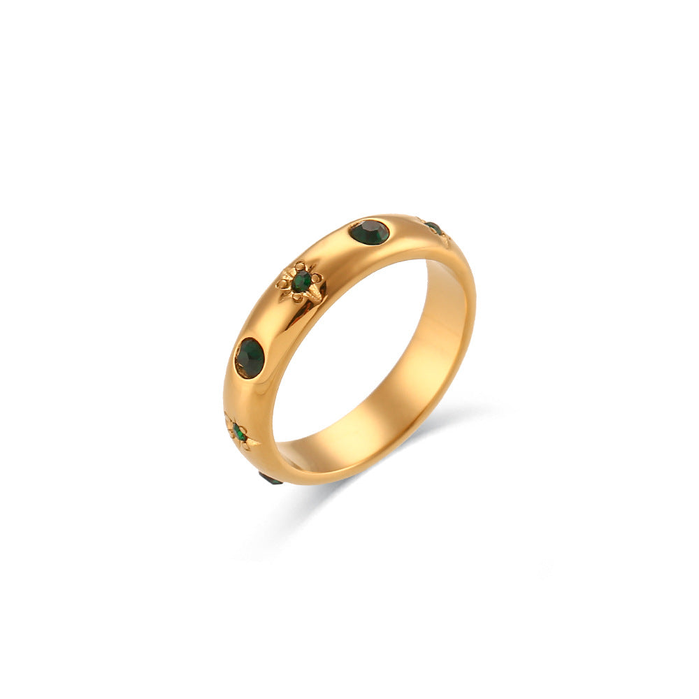 Minimalist Geometric Stainless Steel Ring with 18K Gold Plating and Clear Zirconia Floral Accent for Women