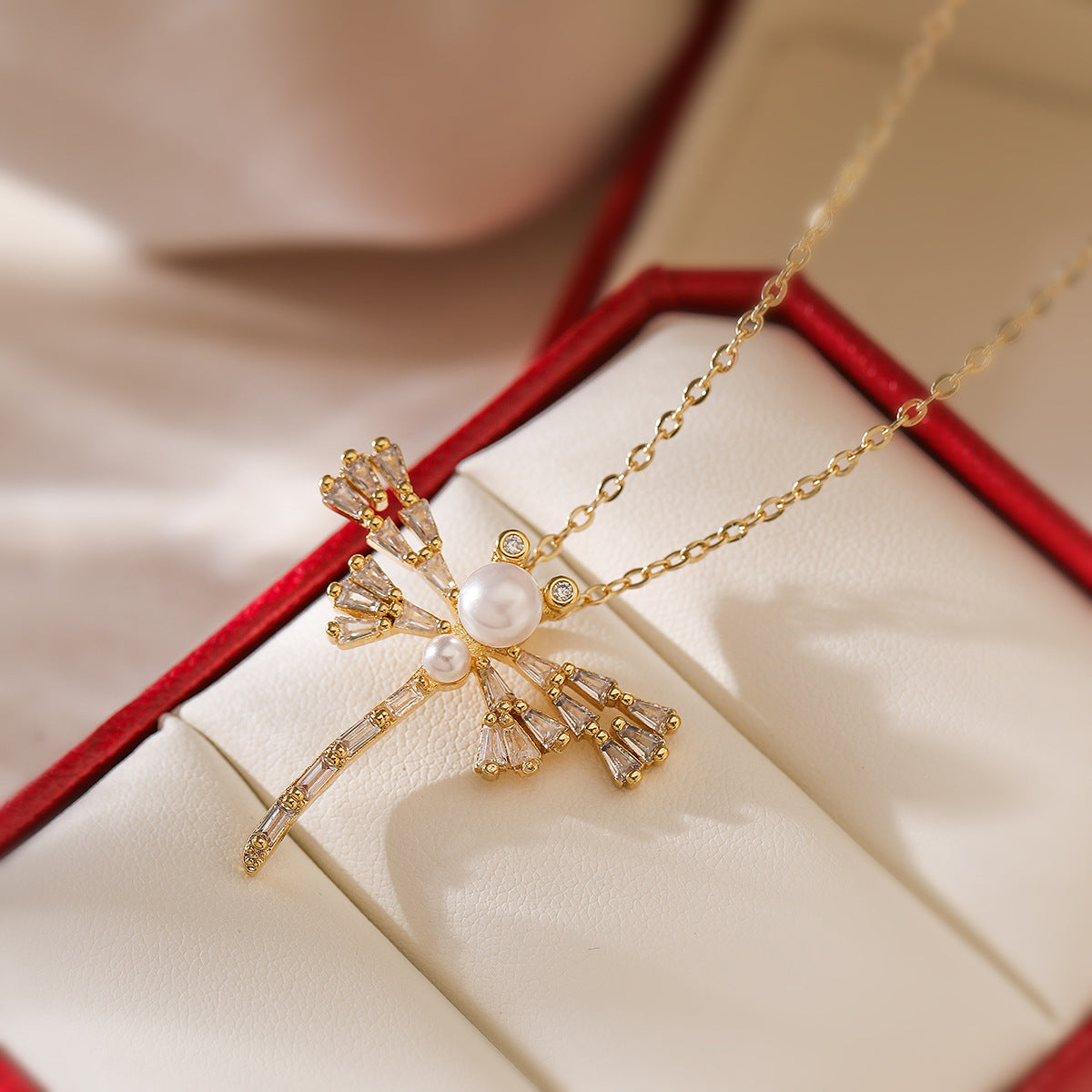 Minimalist Dragonfly Pendant Necklace for Women in Copper with Gold Plating and Zircon Accents