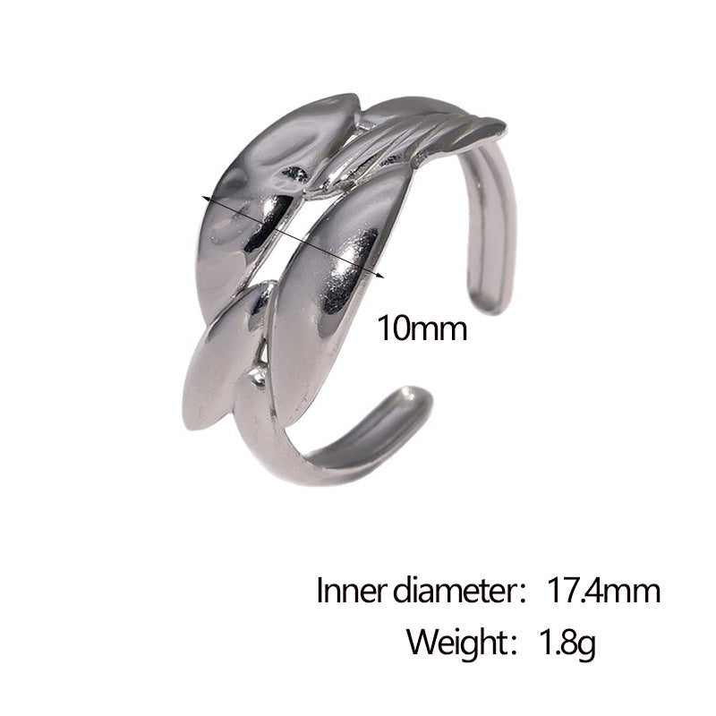 Minimalist 18K Gold Plated Stainless Steel Adjustable Open Ring Geometric Leaf Design for Women