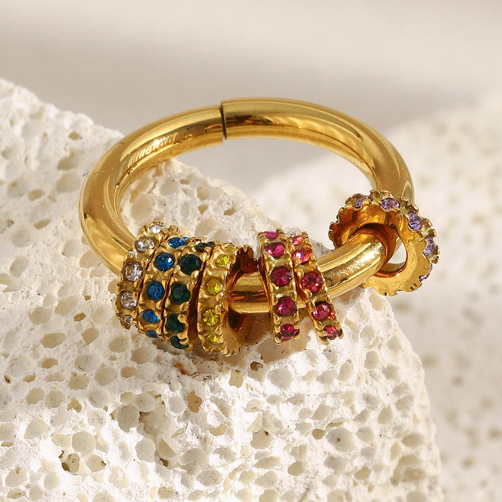 Minimalist Geometric Stainless Steel Ring with 18K Gold Plating and Colored Zirconia for Women