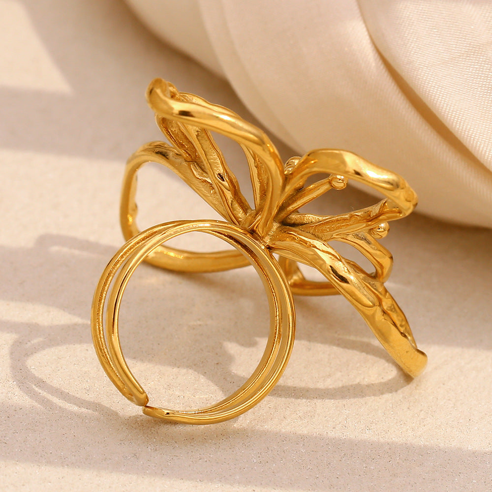 Anello Aperto Floreale Minimalista da Donna in Acciaio Inossidabile Placcato Oro 18K