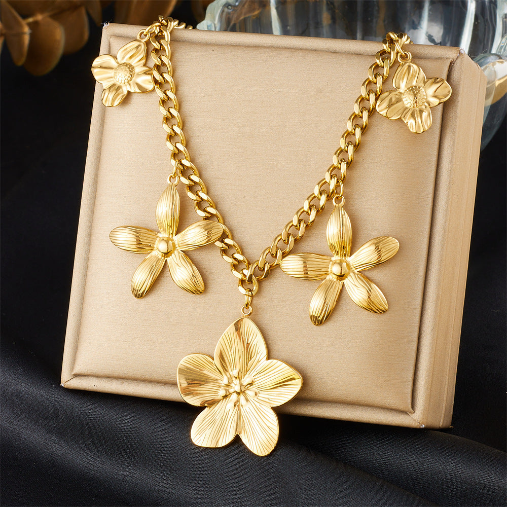 Elegant Stainless Steel Drip Oil Moon Sun Flower Pendant Necklace with Cable Chain for Women