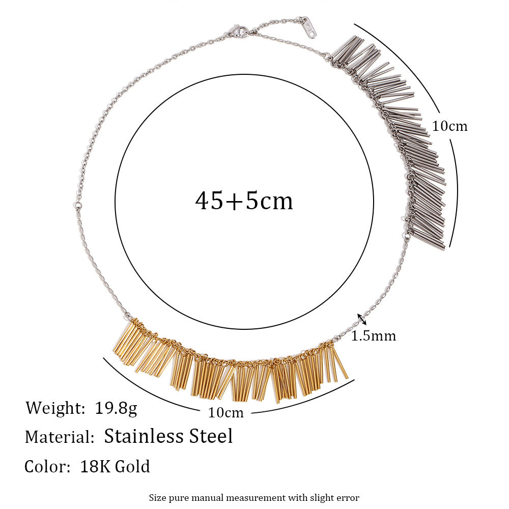 Minimalist Geometric Stainless Steel Pendant Necklace with 18K Gold Plating and Dual-Tone Tassel Detail for Women