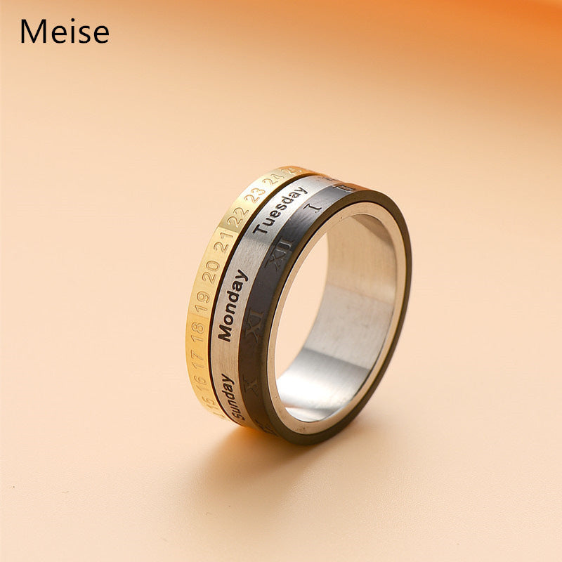 Titanium Steel Calendar Ring with Roman Numerals for Men and Women