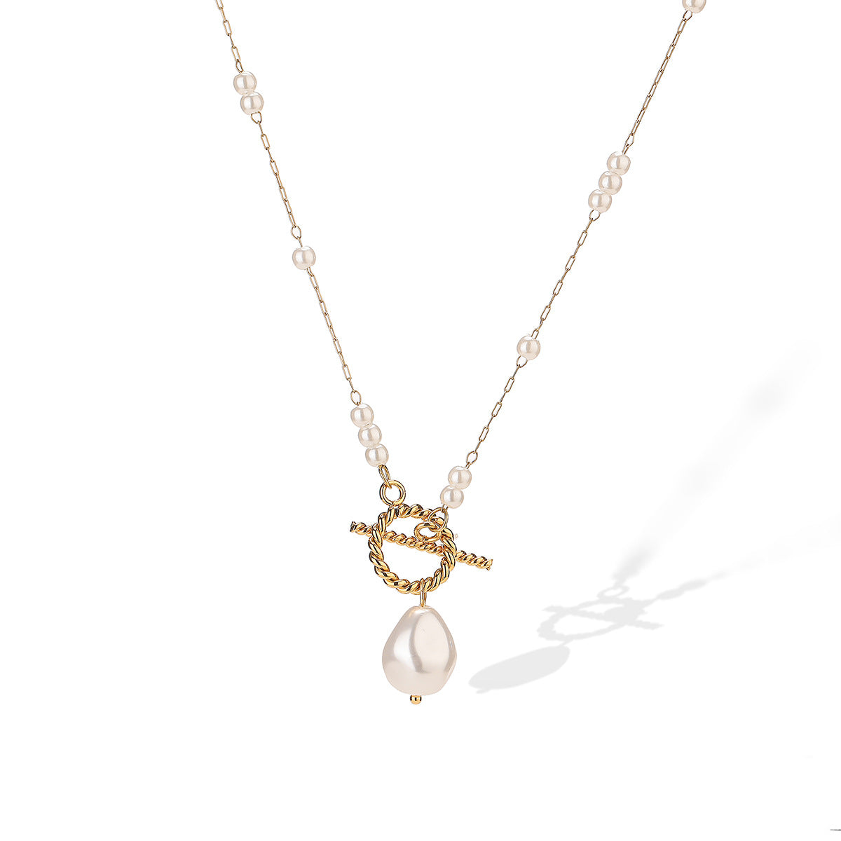 Collar de Acero Inoxidable con Geometría Minimalista y Baño de Oro de 18K para Mujer, Colgante de Perla Irregular en Cadena a la Clavícula