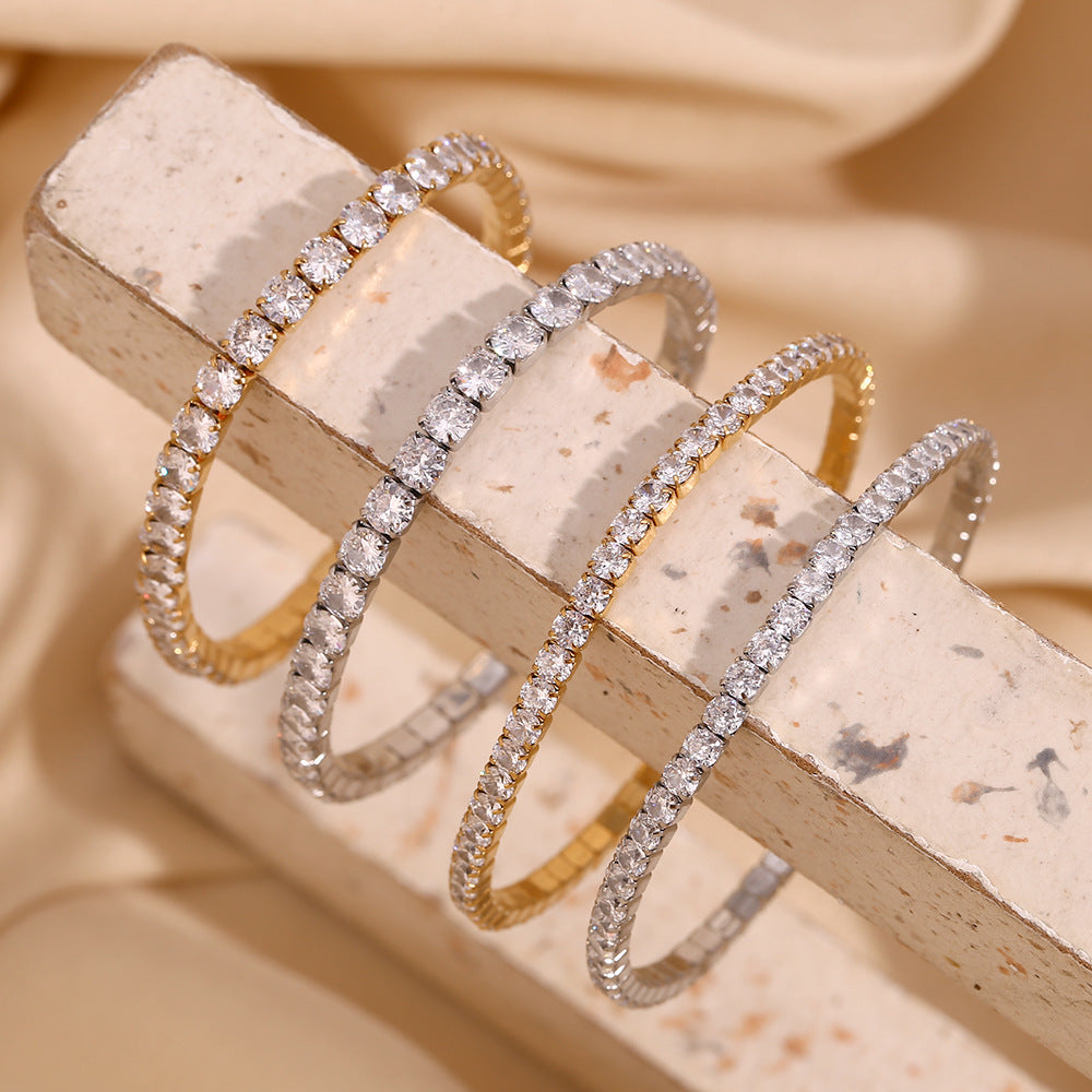 Elegante bracciale elastico da donna con strass, in acciaio inossidabile placcato oro 18 carati con forme geometriche