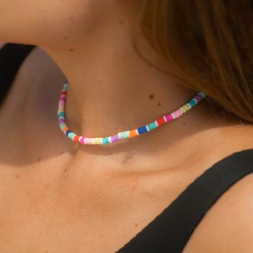 Casual Geometric Round Handmade Resin Choker Necklace with Glass Beads Cable Chain for Unisex