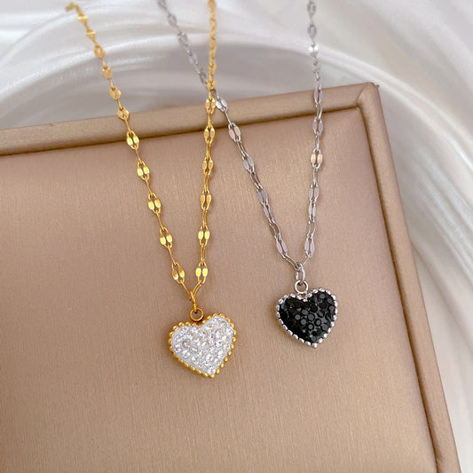 Collar Minimalista Dulce de Acero de Titanio con Cadena de Labios y Colgante de Corazón de Doble Cara con Patrón Floral