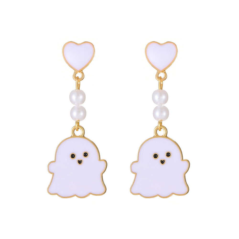 Collar con colgante de fantasma de dibujos animados en cobre con acabado galvanizado, joyería de Halloween en blanco y negro para mujer