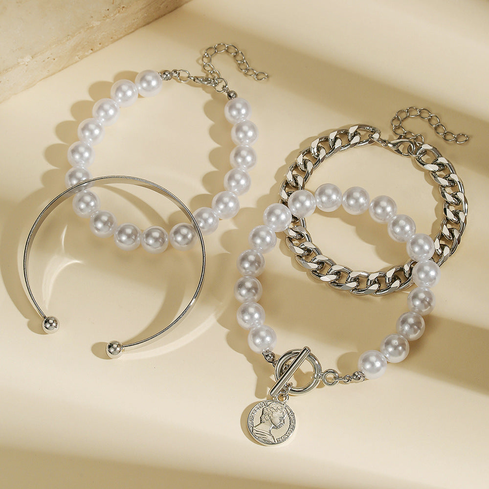 Sweet Streetwear Alloy Plated Letter Cuban Link Chain Bracelet with Imitation Pearl for Women