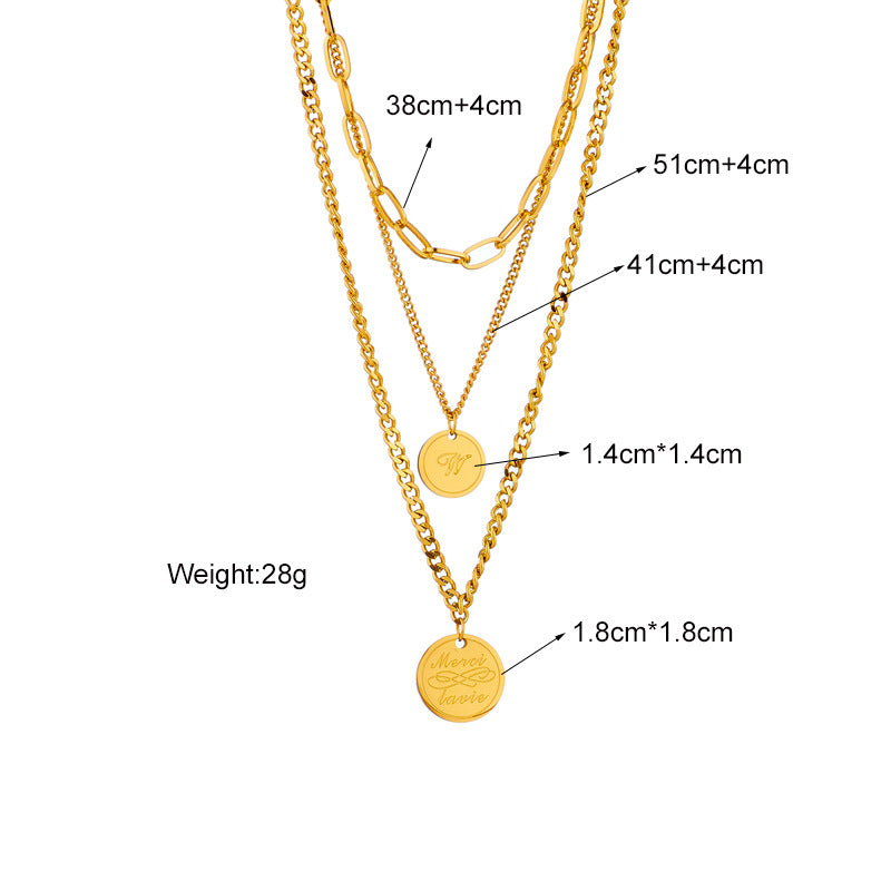 Collana da Donna Minimalista Vintage Multi-Strato in Acciaio al Titanio con Pendente Rotondo Inciso e Catena Snake