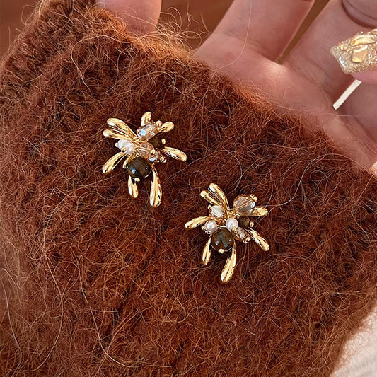 Luxury-Style Plated Steel Stud Earrings with Imitation Pearl and Tiger Eye Stone Accents Floral Design for Women