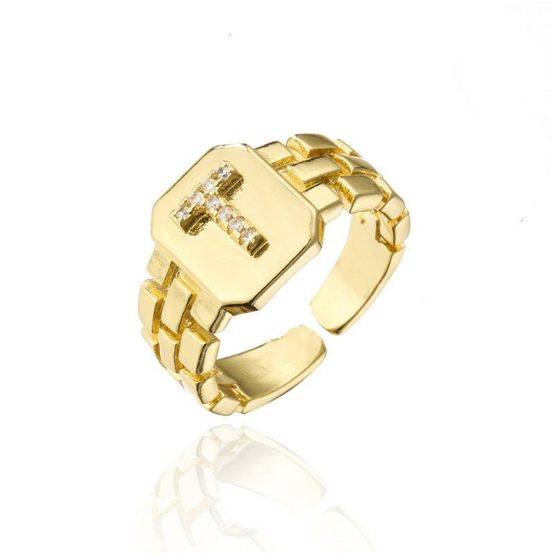 Minimalist Adjustable Open Ring with 18K Gold Plated Copper Band and AAA Zircon Letters Design
