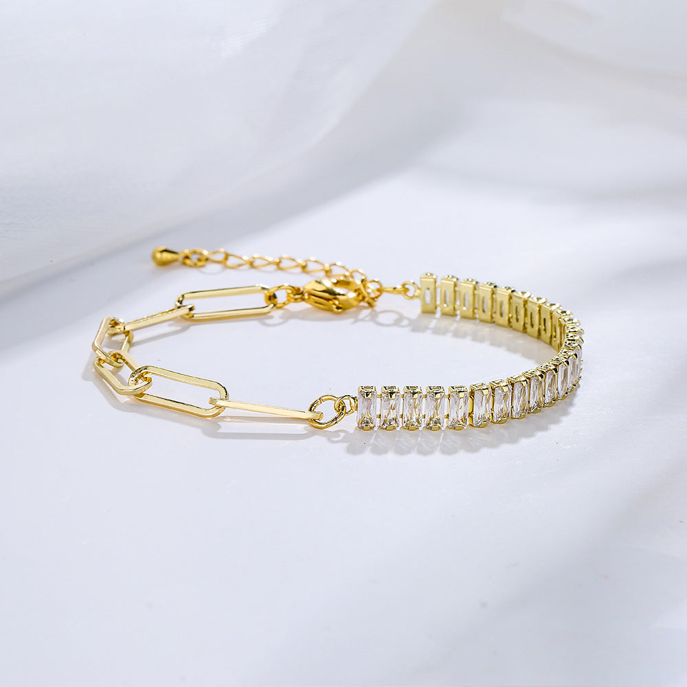 Geometric Copper Bracelet with 18K Gold Plating and Cubic Zirconia for Women, Minimalist Ins-Inspired Statement Jewelry