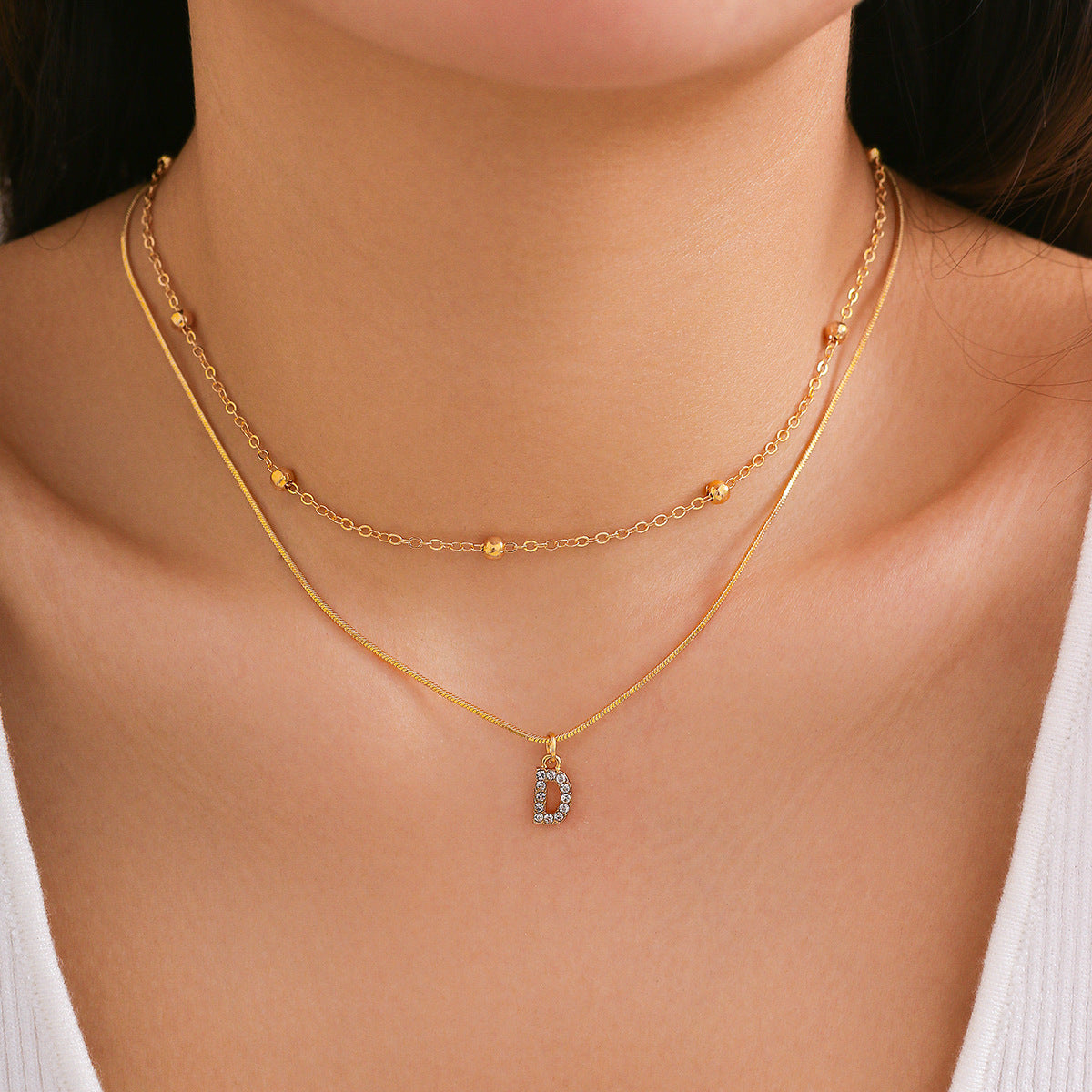 Minimalist Rhinestone Inlaid Letter Alloy Pendant Double Layer Snake Chain Necklace for Women