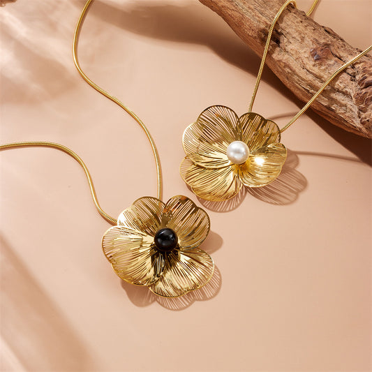 Elegant Women's Stainless Steel Flower and Pearl Pendant Necklace Set with Snake Chain Earrings and Bracelet