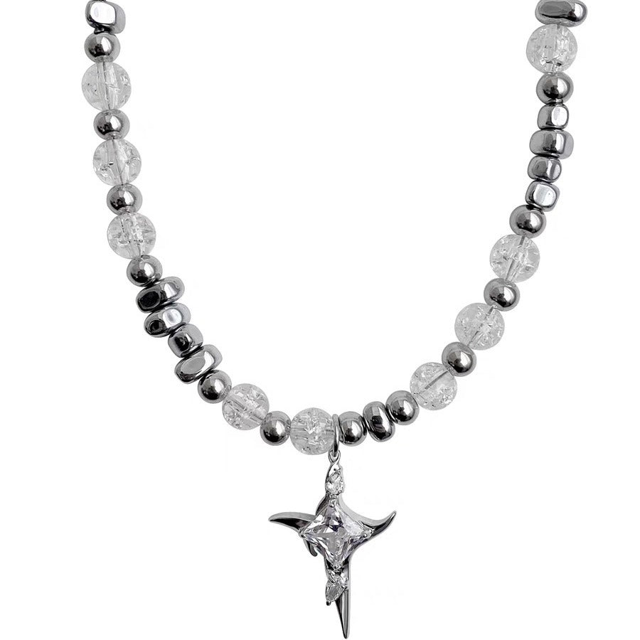 Collar con colgante de cruz minimalista de acero de titanio geométrico con detalle de cuenta agrietada para unisex, acabado pulido