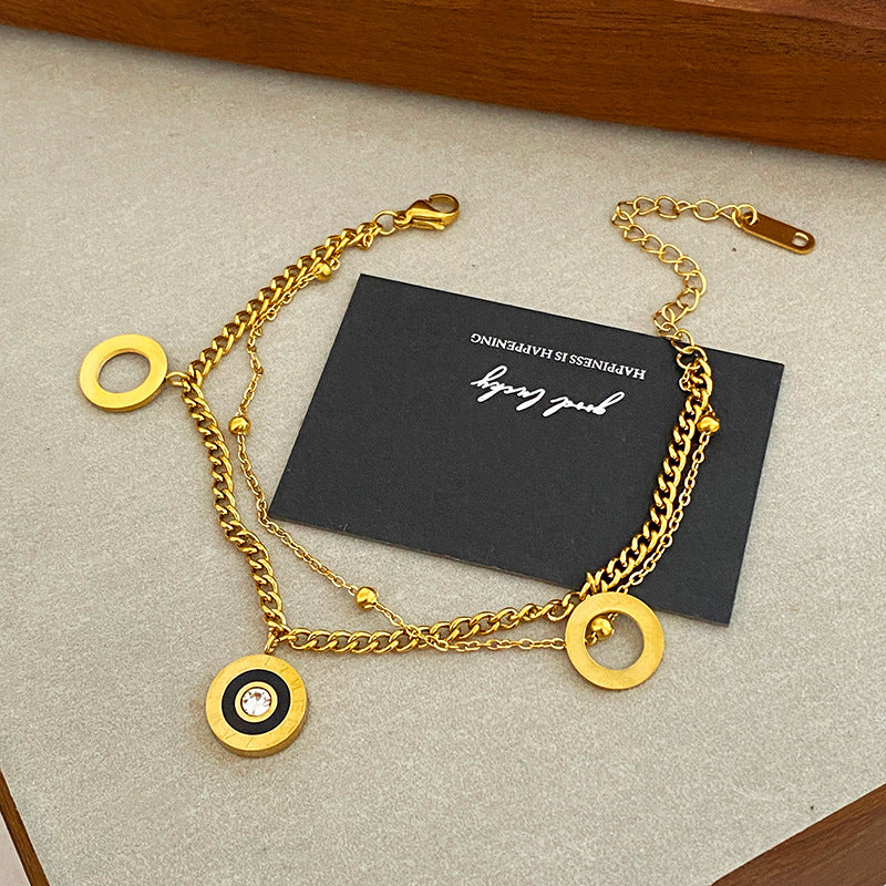 Hip-hop Titanium Steel Double Layer Bracelet with Roman Number and Cubic Zirconia