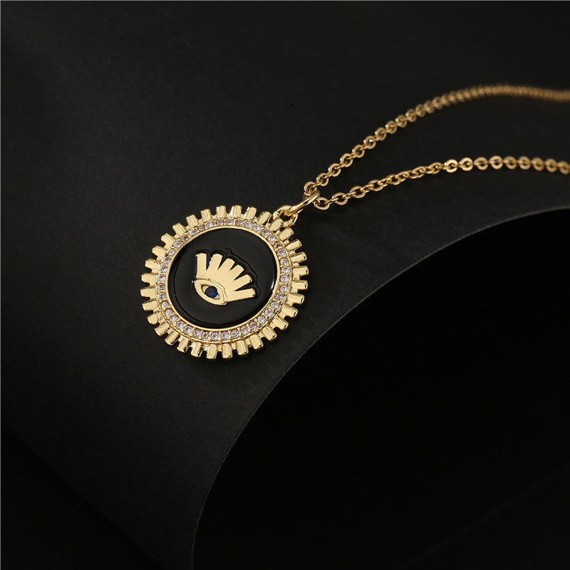 Gold Plated Brass Geometric Eye Pendant Necklace with Black White Red Drip Oil and Cubic Zirconia Inlay for Women