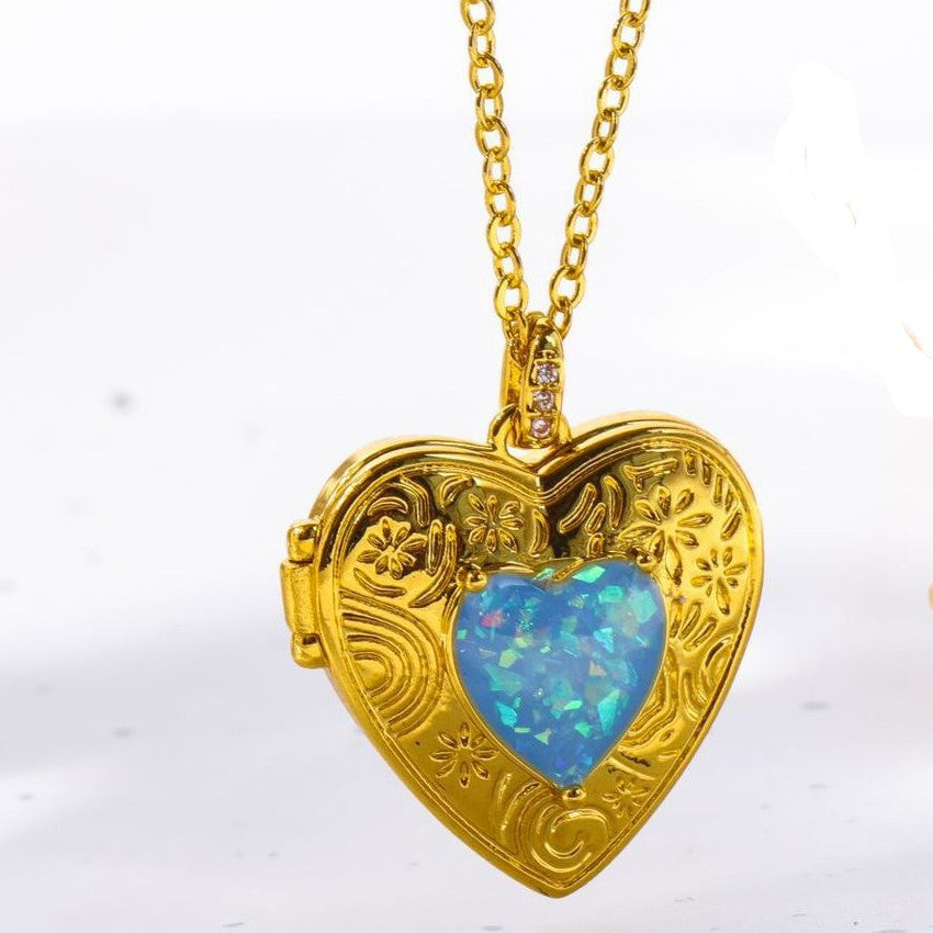 Vintage Heart-Shaped Opal Pendant Necklace in Copper with Electroplated Finish, O-Chain Locket Style Clavicle Chain