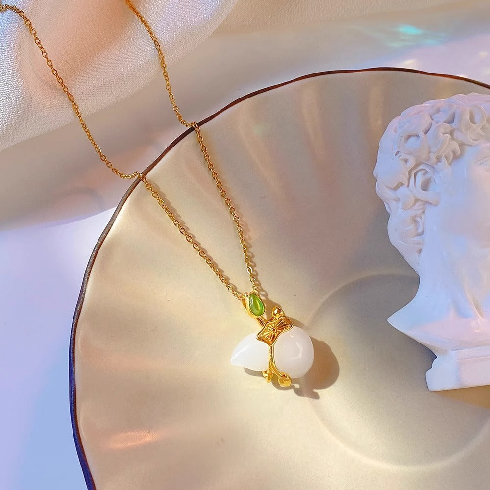 Vintage Floral Lotus and Gourd Jade Pendant Necklace in Titanium Steel with Plated Finish on O-Chain for Unisex Wear