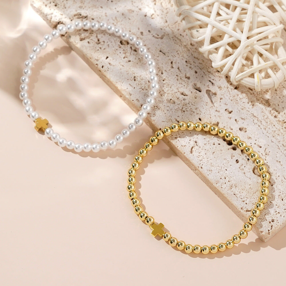 Luxury Elegant Geometric Cross Imitation Pearl Brass Bracelet Set for Women