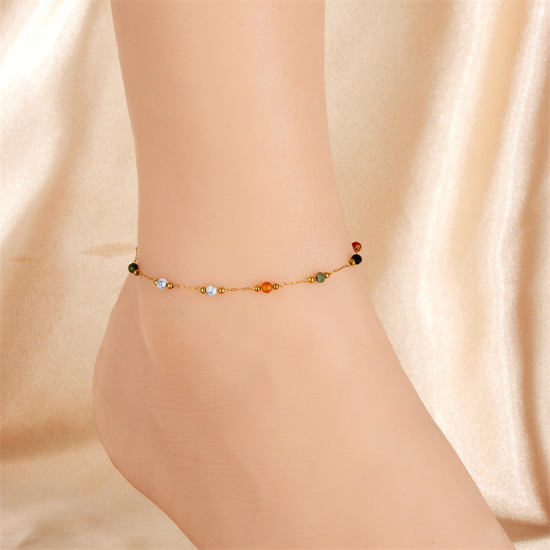 Minimalist Beach Style Colorful Beaded Stone Stainless Steel Anklet