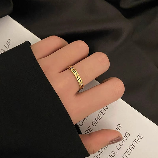 Minimalist Titanium Steel Ring with Checkered Texture for Women Finger Ring Band