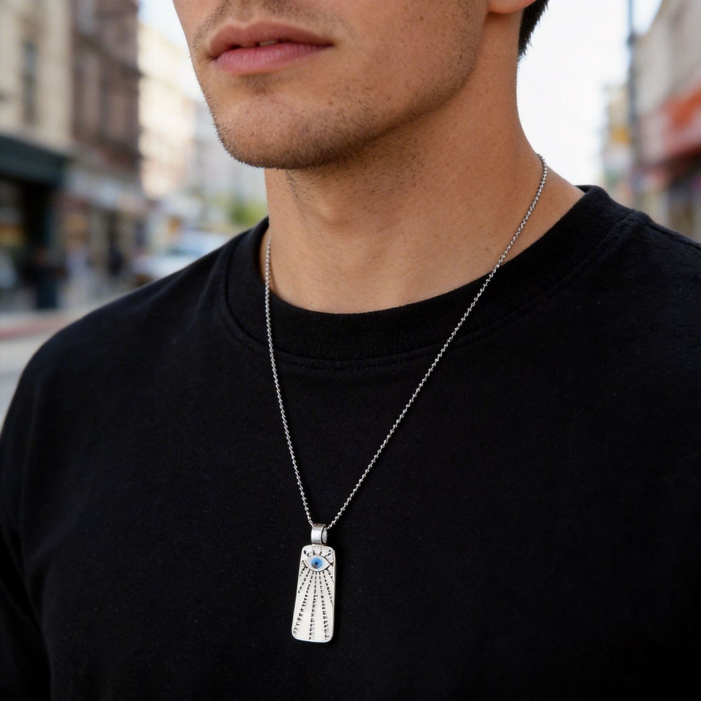 Vintage Hip-hop Geometric Brass Silver Plated Necklace with Titanium Steel Evil Eye Pendant for Unisex
