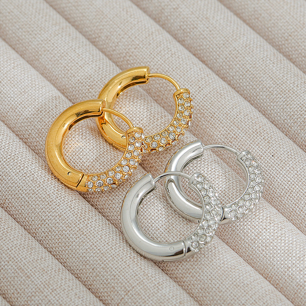 Orecchini a Cerchio Minimalisti Geometrici in Acciaio Inossidabile con Placcatura in Oro 18K e Intarsio di Diamanti da Donna