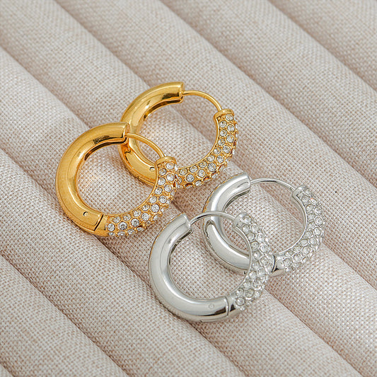 Pendientes de Aro Minimalistas Geométricos de Acero Inoxidable con Baño de Oro de 18K e Incrustaciones de Diamantes para Mujer