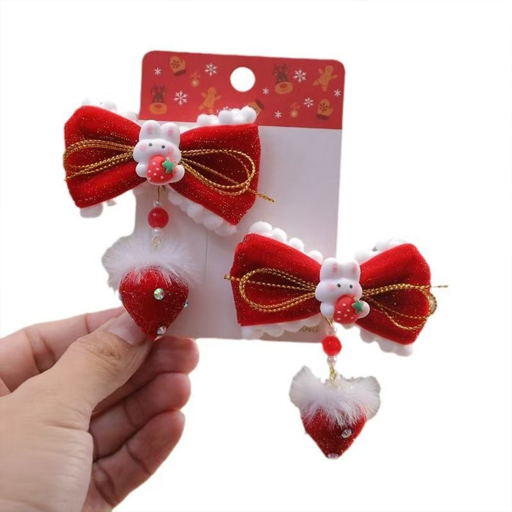 Juego de pinzas para el pelo de conejo y fresa de dibujos animados para niñas con diseño de lazo y cristales rojos estilo princesa