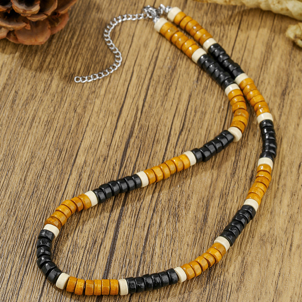 Bohemian Geometric Round Wood Bead Stainless Steel Cable Chain Necklace for Unisex