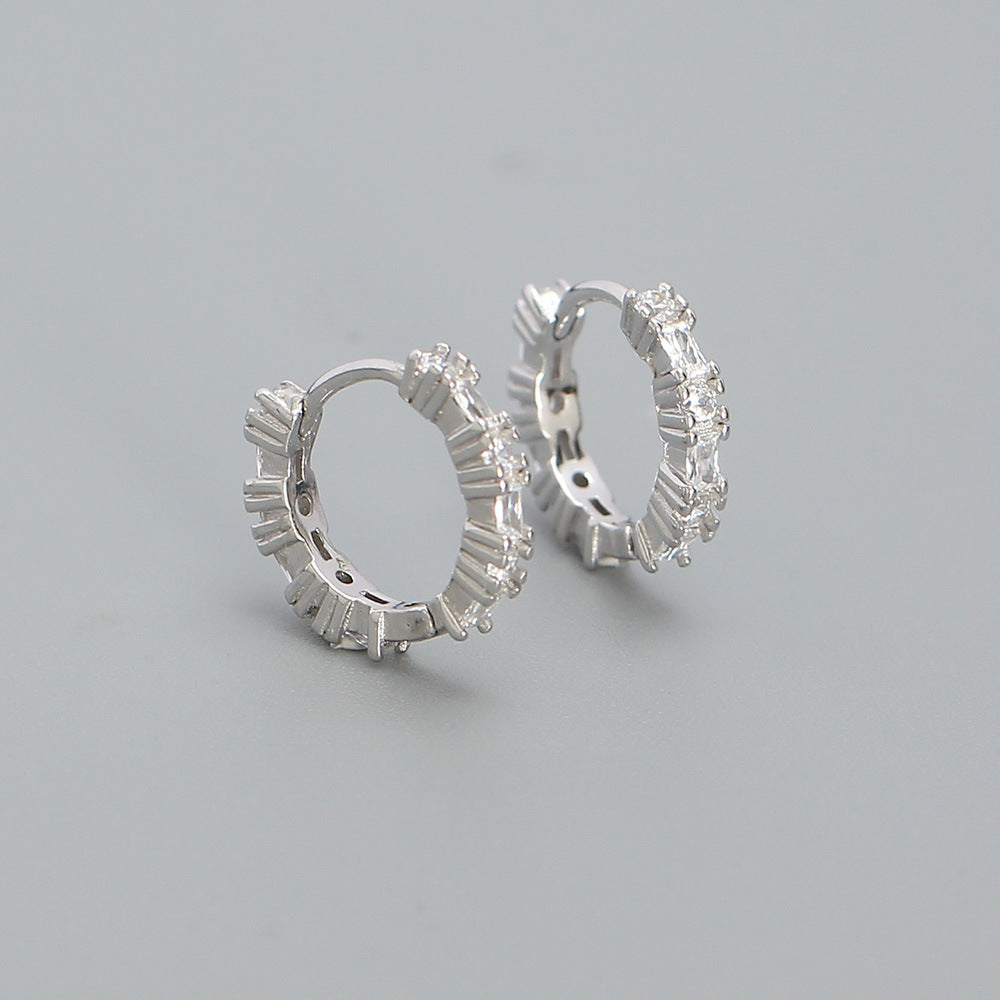 Minimalist Geometric S925 Sterling Silver Hoop Earrings with Rhinestone Inlay for Women and Men