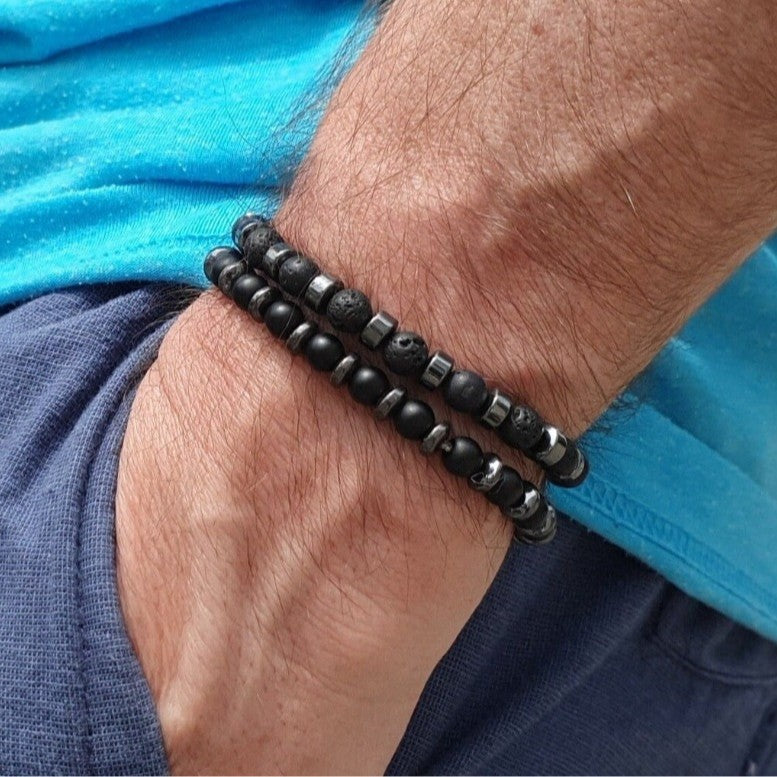 Unique Geometric Round Volcanic Stone and Hematite Beaded Stretch Bracelet Set for Men and Women