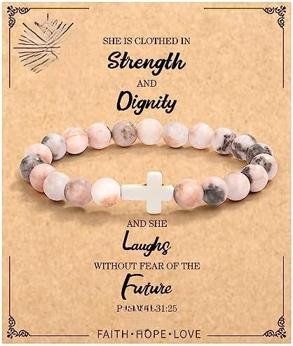Minimalist Zebra Print Cross Natural Stone Beaded Bracelet Unisex