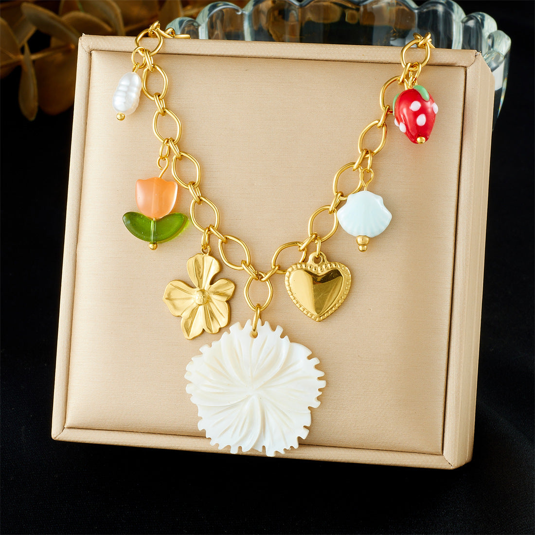 Chic Gold Plated Heart Strawberry Floral Stainless Steel Necklace for Women